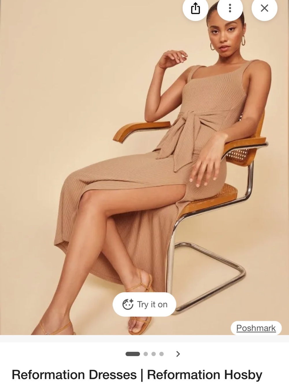 Reformation Ribbed Tie-Waist Midi Dress in Tan